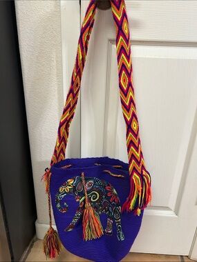 Wuitusu Vibrant Purple Elephant handcrafted Shoulder Bag with Multicolor Strap